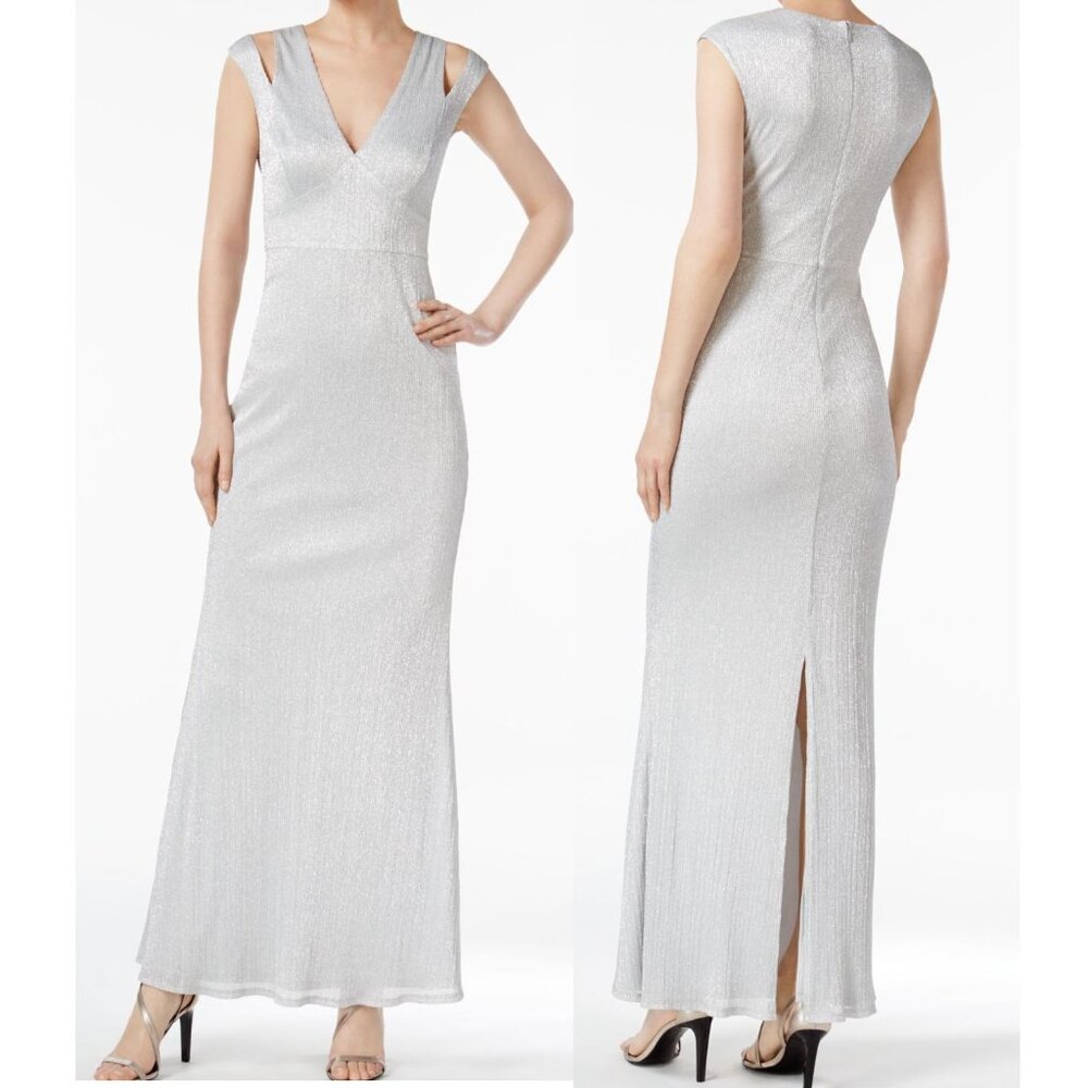 Silver Metallic Cap Sleeve Formal Wedding Evening Dress 6